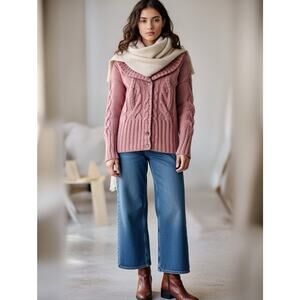 Ann Taylor LOFT Dusty Pink Cable Knit Cardigan Sweater S Alpaca Wool Winter Cozy